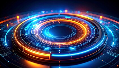 Abstract futuristic glowing neon circular portal with blue and orange light streams on a dark background
