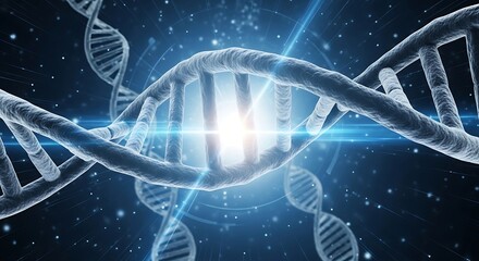 An abstract representation of a dna molecule with a glowing center, symbolizing the complexity of genetic code, scientific innovation, and the future of medicine