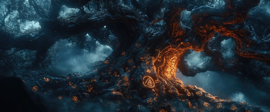 Glowing fantasy tree in dark forest