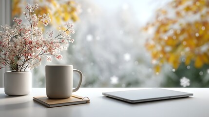 Immersive Coffee Cup Composition with Houseplant Accents in Contemporary Workspace – Wellness Visual for Sustainable Lifestyle and Digital Branding