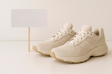 A pair of beige sneakers next to a blank sign. Space for text.