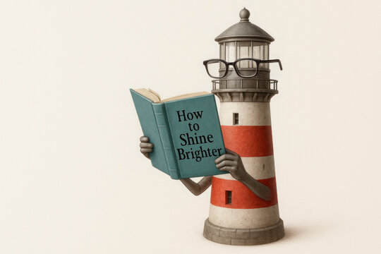Lighthouse in glasses reading the book How to Shine Brighter. Space for text.