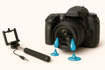Camera crying next to a selfie stick. Space for text.
