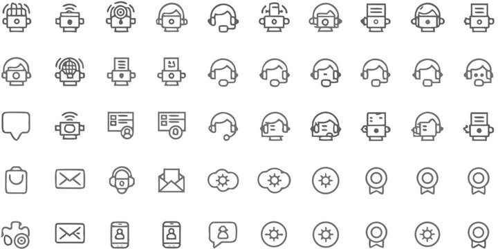 Customer Support and Chatbot Line Icons – Robot, Call Center, Headset, Message, Email, User, Service, AI Assistant, Communication, and Helpdesk Symbols for Web, UI, and App Design