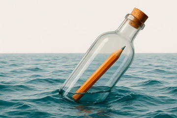 The pencil inside the bottle drifts in the open sea. Space for text.