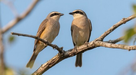 Fototapeta premium Two birds perched on a branch against a clear sky.