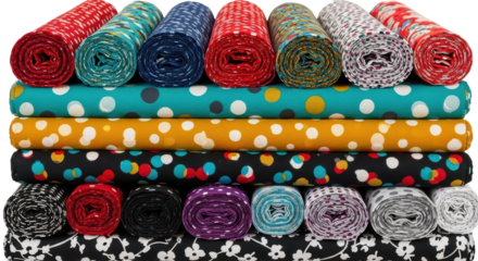 Stack of colourful, patterned fabric rolls and sheets
