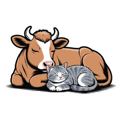 Cow and cat sleeping resting peaceful