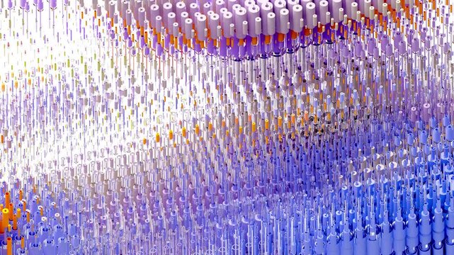 3d render abstract video 3d background wallpaper with surreal geometry figures as cylinders circles discs torus pipes tube sticks in mixed gradient color in isometric view on white in mosaic pattern
