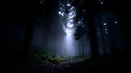 Fototapeta premium Mystical Pathway in Foggy Forest: An atmospheric, enigmatic trail winds through a dense, misty forest, creating a sense of mystery and intrigue. The shadowy trees and dense fog envelop the pathway.