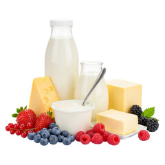 Nutritious dairy products assortment with fresh berries, including milk bottles, cheese