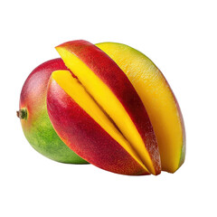 Two cut mango halves, vibrant red and yellow flesh
