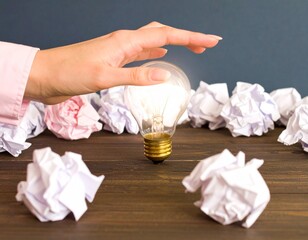 Hand reaching for light bulb surrounded by crumpled paper on wooden desk