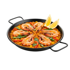Delicious seafood paella with shrimp, rice, peppers