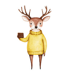 Watercolor illustration of a cute deer wearing a yellow sweater and holding a chocolate bar, isolated on white background. Winter and holiday themes.