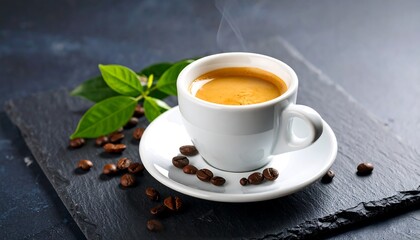 Aromatic hot espresso coffee in a white ceramic cup with crema and scattered roasted coffee beans on a dark slate surface