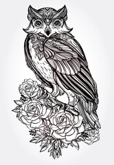 Detailed owl illustration with floral elements black and white drawing for tattoo design and print art