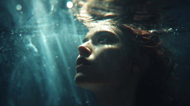 Scared in terror lady under water still overwhelms swarm swamp underwater effortless 