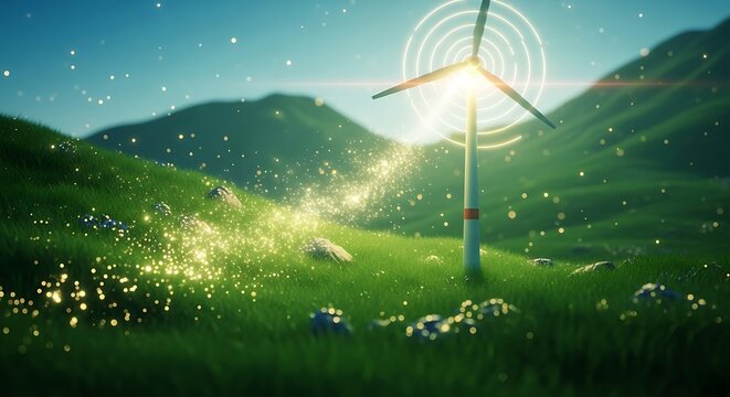 A wind turbine stands tall in a lush green field, illuminated by a bright light, symbolizing clean and renewable energy for a sustainable future with a focus on environmental conservation