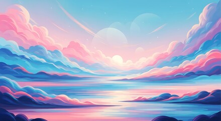 A breathtaking pastel landscape featuring soft pink and blue clouds reflecting on a calm body of water, creating a serene and dreamy atmosphere at sunset or sunrise