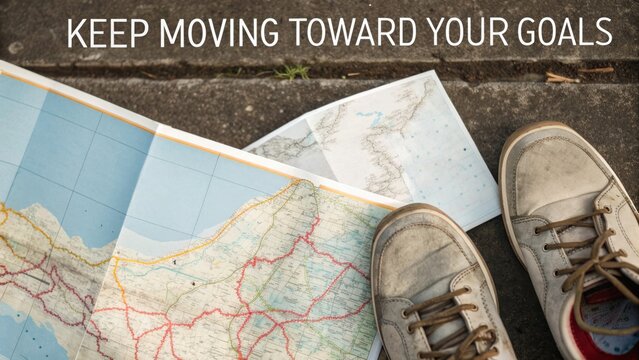 Journey of Progress with Map and Sneakers on Paved Pathway