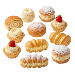 Ssorted delicious pastries with cream filling, including tarts, croissants