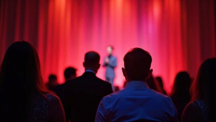 Audience silhouettes watching speaker on stage at business conference