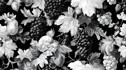 A monochrome illustration of grapes and flowers with lush leaves set against a dark background
