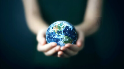 Hands Holding Planet Earth – Symbol of Sustainable Development on a Dark Blue Background
