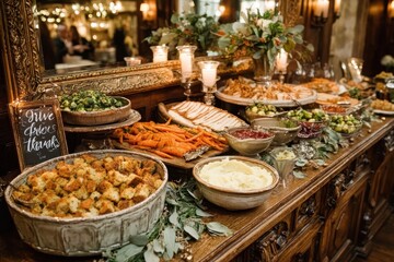 Fototapeta premium An elegant Thanksgiving buffet showcases traditional holiday dishes, including turkey, stuffing, mashed potatoes, and Brussels sprouts, beautifully arranged on a rustic wooden table.