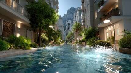 Fototapeta premium Rising water engulfs a small mountain town, with streets and buildings underwater and cars bobbing on the flood's surface under a clear sky