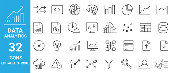 Data Analytics Line Icons – 32 Editable Stroke Vector Icons for Charts & Visualization