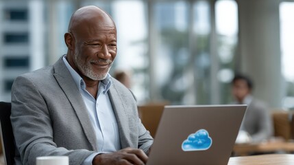 Fototapeta premium Middle-aged Black man in business casual attire works focused on his laptop while others enjoy coffee nearby in a well-lit office