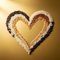 Heart Shape Made from Rice and Wheat on Golden Background