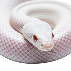 Lbino snake coiled, showcasing its unique scales and vibrant red eyes, a striking image of nature's beauty and genetic variation
