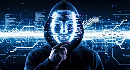 Hacker in Black Hoodie Holding Holographic Mask in Front of their Face, Collage with Glitch Effects and Circuit Pattern 