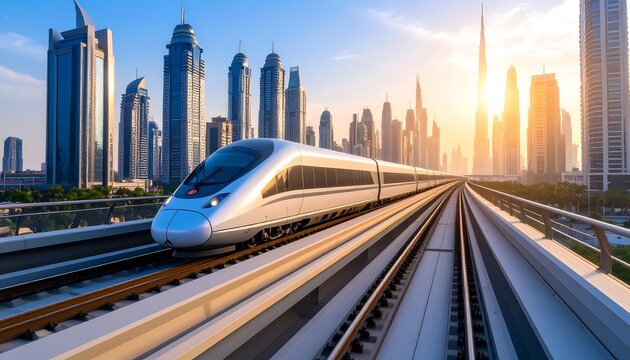 Modern high speed train traveling on elevated tracks with a backdrop of futuristic skyscrapers at sunset