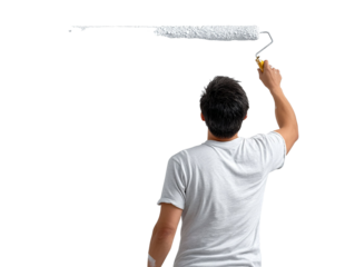 PNG Of A man of Asian descent painting a wall with a roller, showcasing creativity and home improvement.