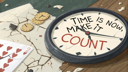 Motivational Clock with Inspirational Message on Weathered Surface