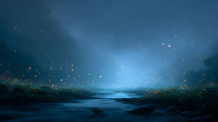 Naklejka premium Serene nightscape with water flow: A captivating night scene unfolds, with a meandering waterway reflecting the soft glow of distant lights, surrounded by a mysterious, misty atmosphere. 