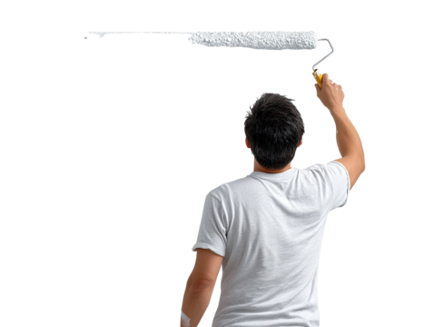 PNG Of A man of Asian descent painting a wall with a roller, showcasing creativity and home improvement.