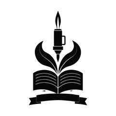 Black and White Education Symbol with Book, Pencil, and Candle Flame