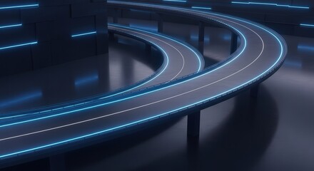 Futuristic neon-lit highway with curved design at night
