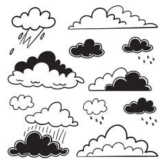 Collection of hand drawn black and white cartoon clouds with rain weather storm