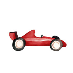 Watercolor illustration of a red race car, reminiscent of classic motorsport toys, featuring sleek design and vibrant color against a clean white background.