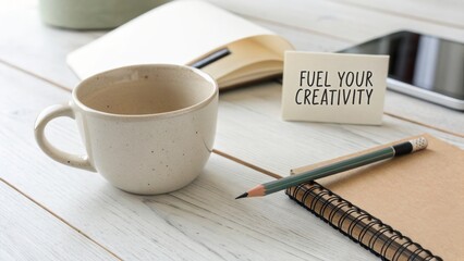 Cozy Workspace with Coffee Mug, Notepad, and Motivational Card