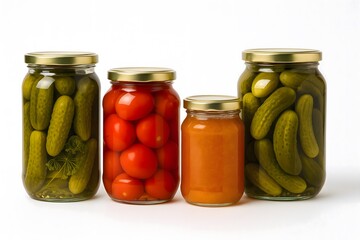 Selection of Pickled Vegetables Stored in Glass Jars on White Background