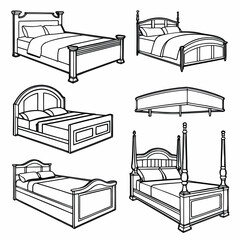 Collection of six different black and white line art illustrations of beds with pillows and blankets