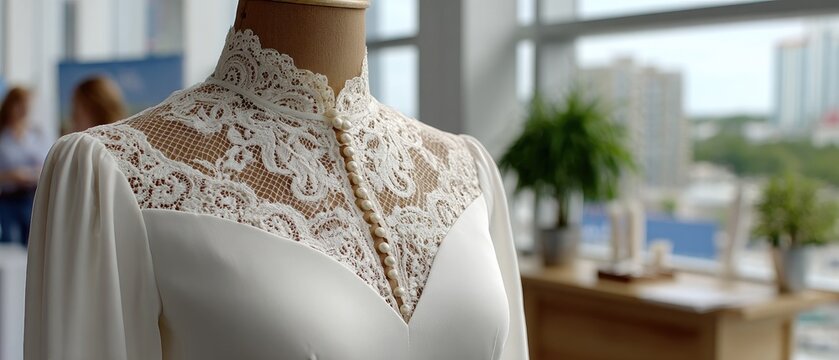 Close-up view of a detailed lace dress showcasing beadwork and embroidery. Soft lighting enhances its luxurious textures and design - Powered by Adobe