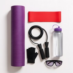 Active lifestyle accessories including yoga mat, resistance band, jump rope, water bottle, and gloves on white